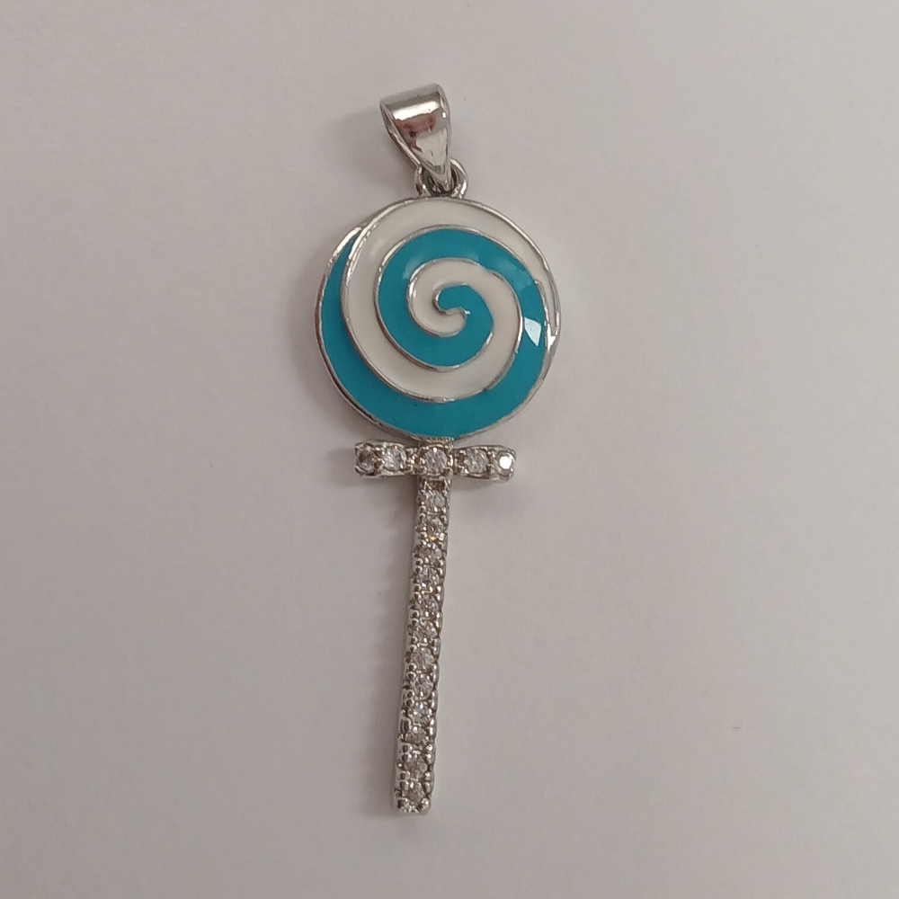 New Lollipop 18k White Goldplated & Enamel Blue Swirl Pendant Pretty Bird